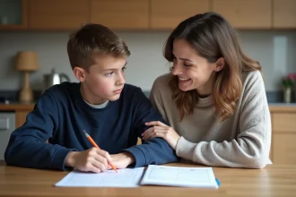Adolescent et sa mère discutent d'un examen de sécurité routière à la maison