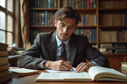 Jeune homme étudiant dans une bibliothèque universitaire ancienne