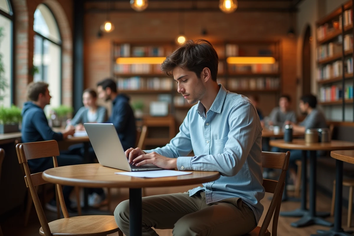 Jeune &eacute;tudiant travaillant sur un ordinateur dans un caf&eacute; urbain