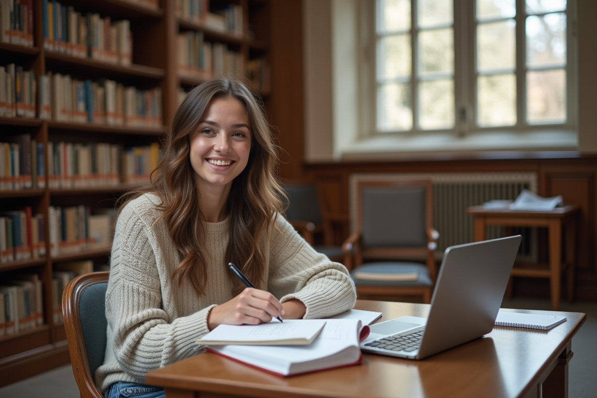Jeune femme souriante dans une bibliothèque universitaire