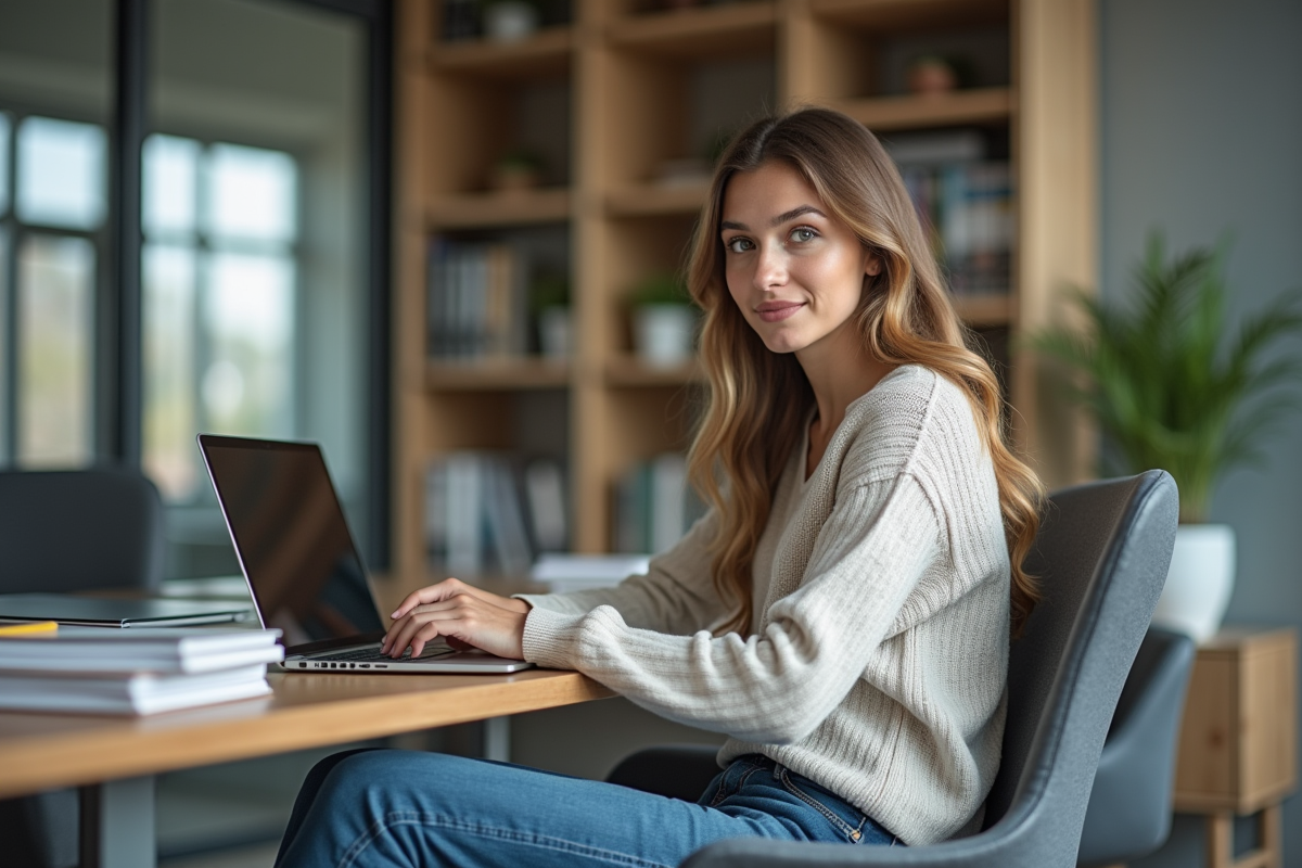 Jeune femme au bureau moderne avec ordinateur portable