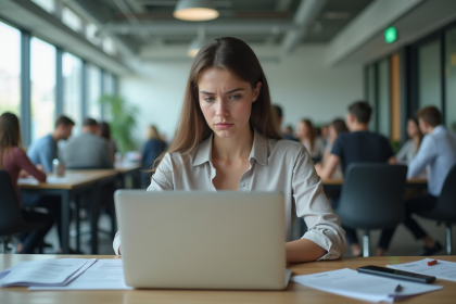 Jeune femme au bureau avec documents et ordinateur