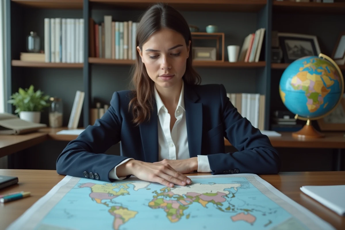 Jeune femme en blazer bleu étudiant une carte dans un bureau