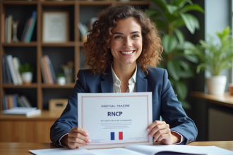 Jeune femme souriante avec certificat RNCP dans un bureau moderne