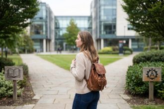 Jeune femme hésitante devant deux chemins universitaires