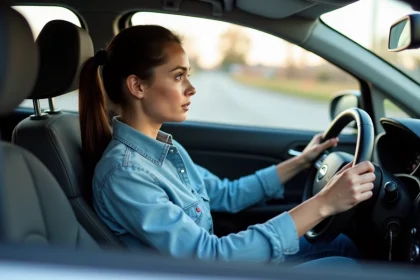 Jeune femme concentr&eacute;e au volant d'une voiture moderne