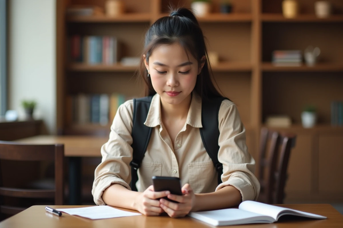 Jeune femme utilisant l'application mobile Econdidat pour candidater à l'université Paris 8 depuis un café étudiant