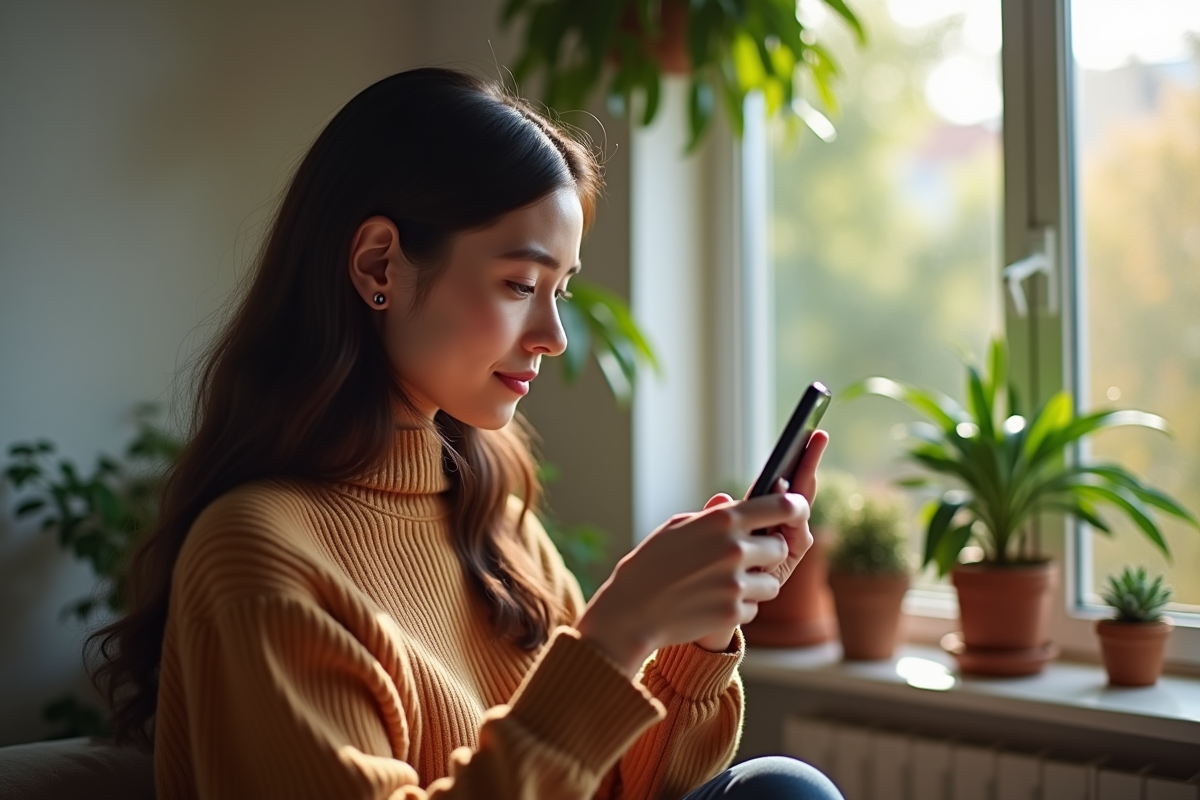 Jeune femme enregistrant un message vidéo chez elle