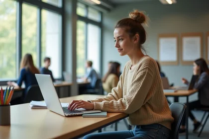 Jeune femme en &eacute;tude universitaire avec ordinateur portable