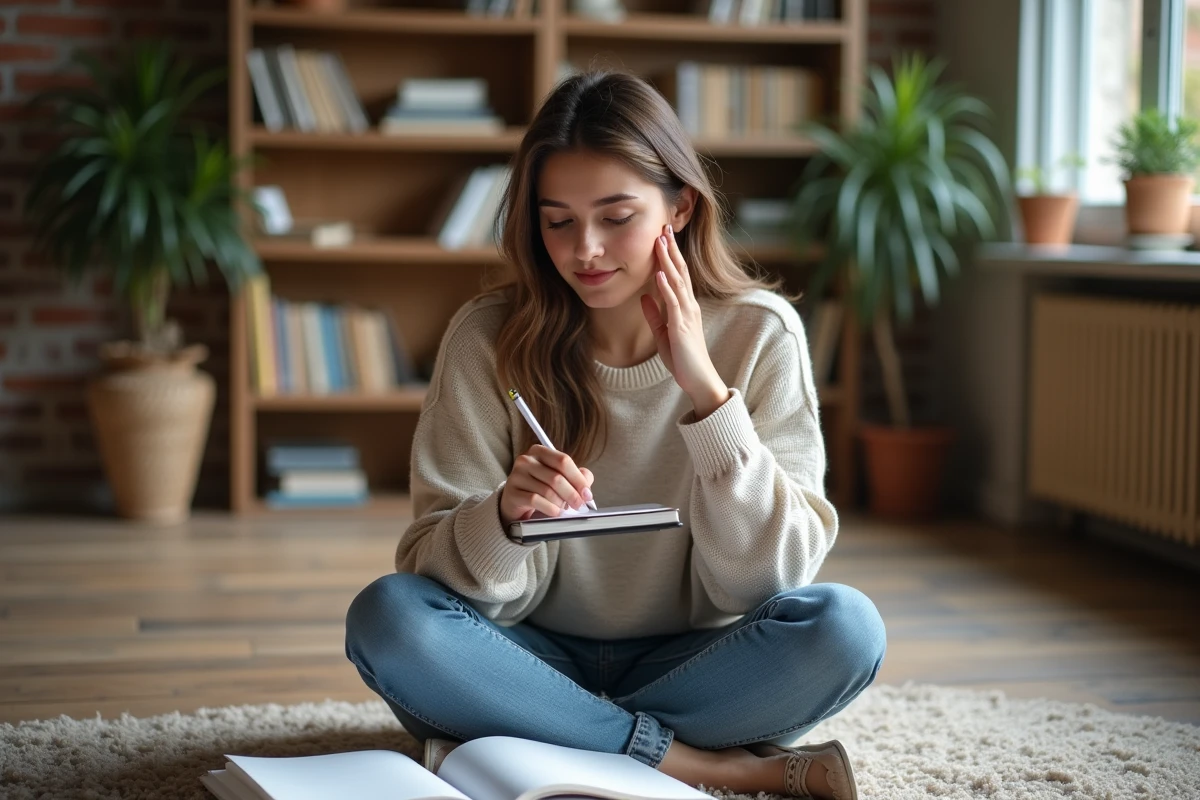 Jeune femme concentrée avec livres et ordinateur dans son appartement
