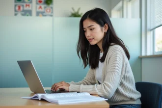 Jeune femme étudiante concentrée sur son ordinateur dans une salle lumineuse