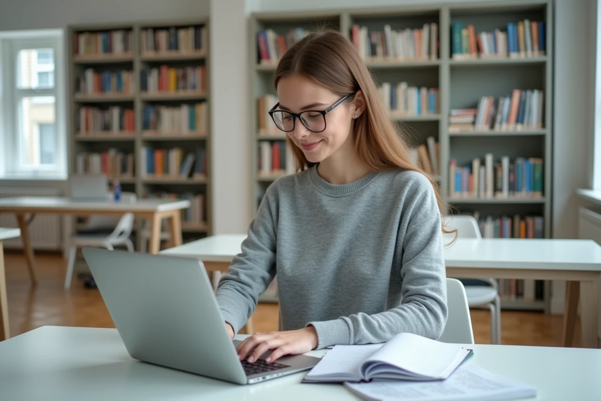 Jeune femme étudiante travaillant sur son ordinateur dans une salle moderne
