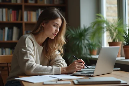 Jeune femme concentr&eacute;e sur sa tablette dans un bureau cosy