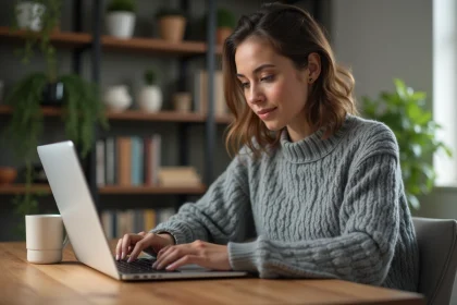 Jeune femme assise &agrave; une table en cuisine avec son ordinateur
