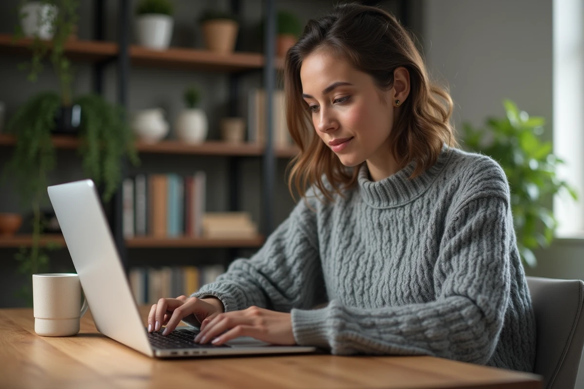 Jeune femme assise à une table en cuisine avec son ordinateur