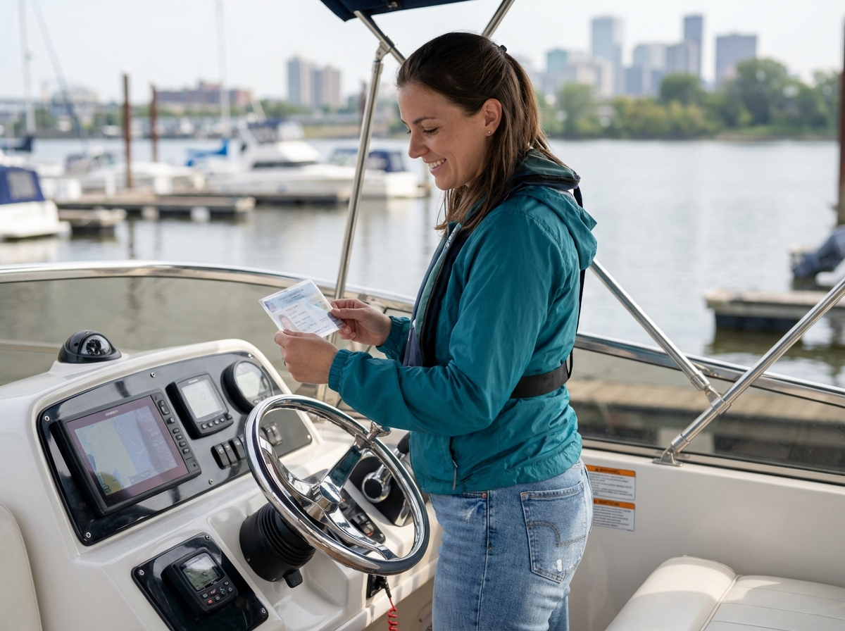 Jeune femme au volant d'un bateau moderne sur la rivière