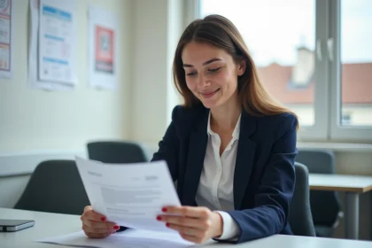Jeune femme en blazer blanc examinant un document scolaire