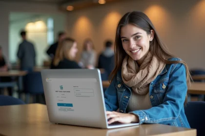 Jeune femme souriante avec ordinateur à l'université