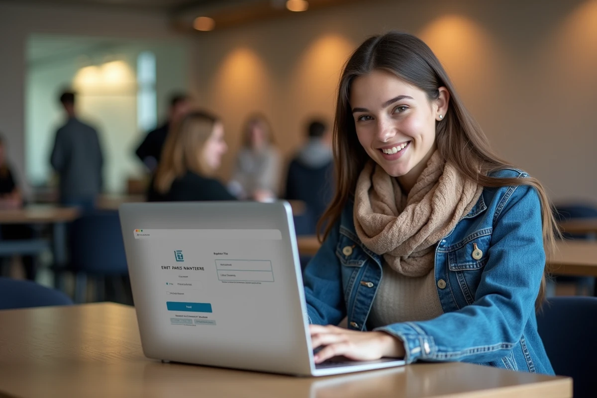 Jeune femme souriante avec ordinateur à l'université