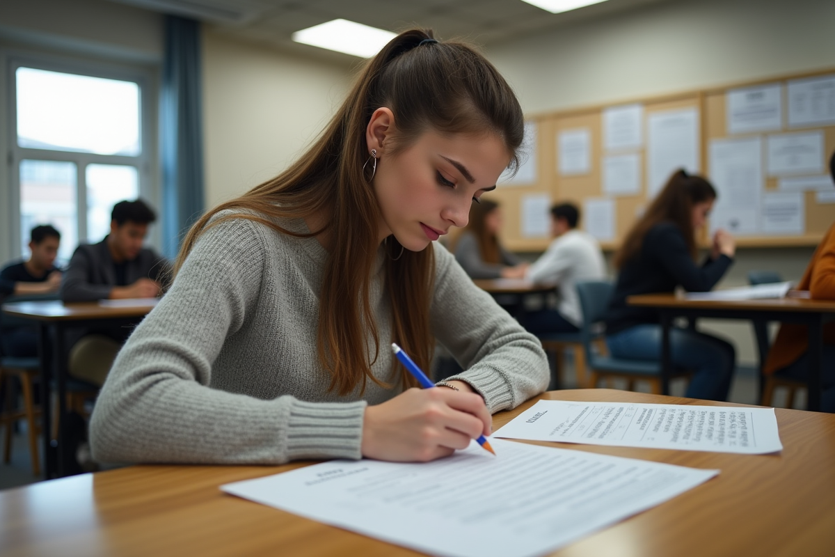 Jeune femme française remplissant un formulaire dans un centre de formation