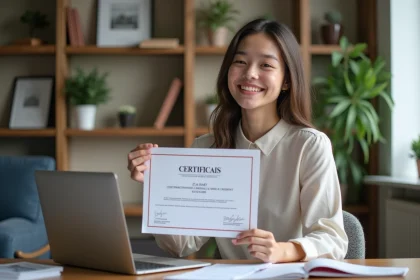 Jeune femme souriante tenant son certificat CVEC dans un appartement &eacute;tudiant