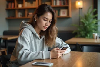 Jeune femme concentrée sur son smartphone dans un café