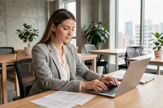 Jeune femme en filière STMG travaillant dans un bureau moderne, illustrant les débouchés professionnels sans longues études