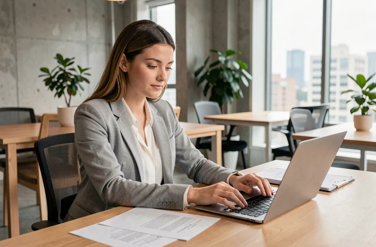 Jeune femme en filière STMG travaillant dans un bureau moderne, illustrant les débouchés professionnels sans longues études