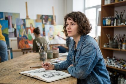 Jeune femme cr&eacute;ative dans un studio d'art hyperr&eacute;aliste