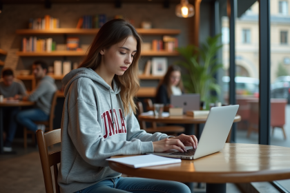 Jeune femme concentrée sur son ordinateur dans un café