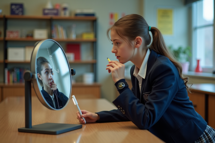 Jeune fille en uniforme examinant un miroir concave en classe