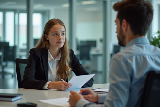Jeune fille en tenue casual observe un employe au bureau