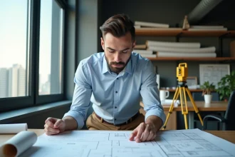 Jeune géomètre en bureau avec plans et cityscape