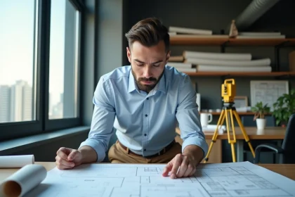 Jeune g&eacute;om&egrave;tre en bureau avec plans et cityscape