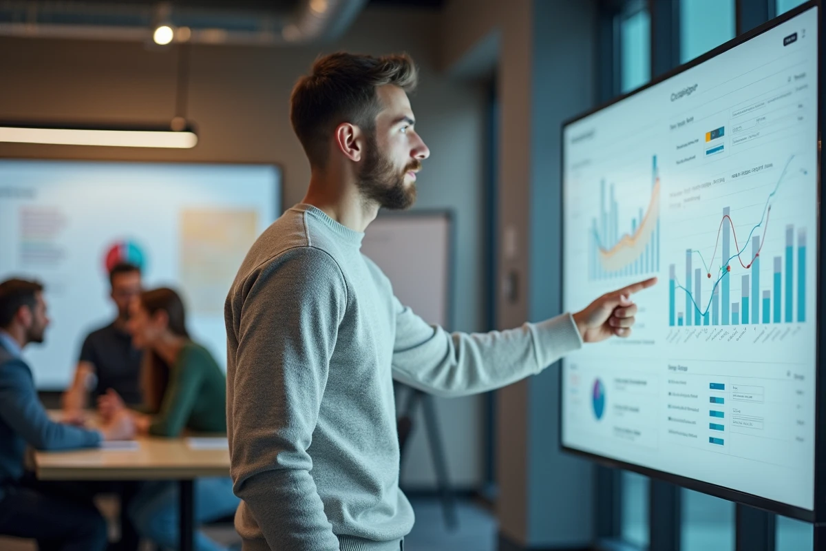 Jeune homme analysant des graphiques marketing en réunion