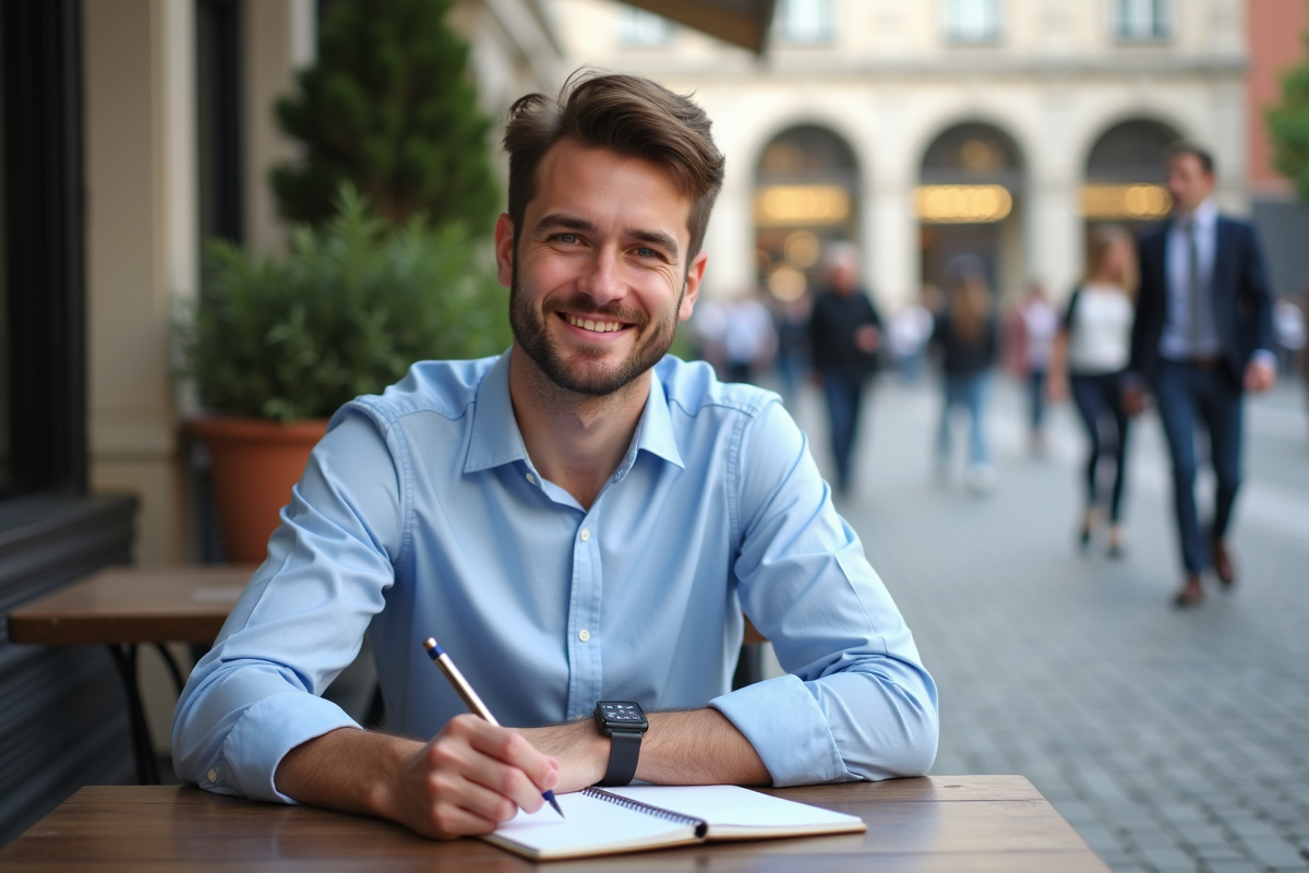 Jeune homme note dans un café en milieu urbain