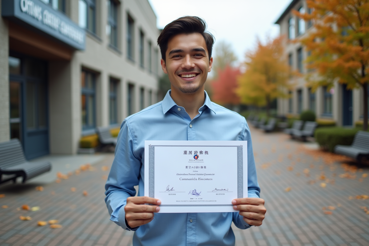 Jeune homme fiere tenant un certificat devant le centre communautaire