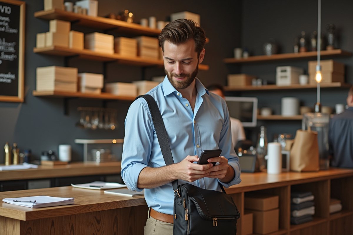 Jeune homme vérifiant un carnet dans une boutique