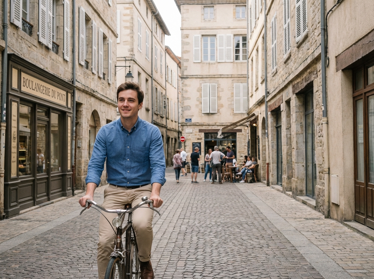 Jeune homme à vélo dans une rue de Castres