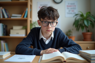 Jeune garçon concentré en étude dans une salle lumineuse