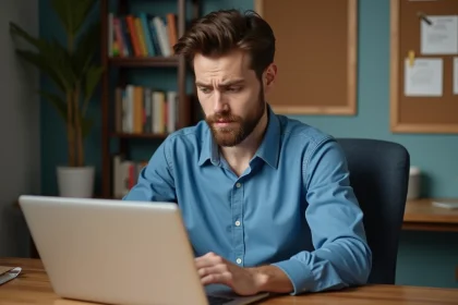 Jeune homme en bureau &agrave; domicile frustr&eacute; devant son ordinateur