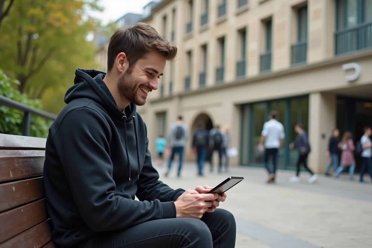 Jeune homme utilisant une tablette devant la bibliothèque universitaire