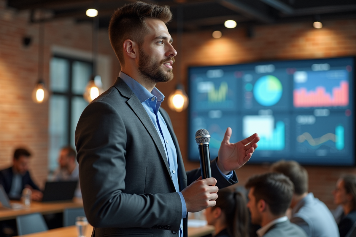Jeune homme en présentation avec écran digital dans un espace de coworking
