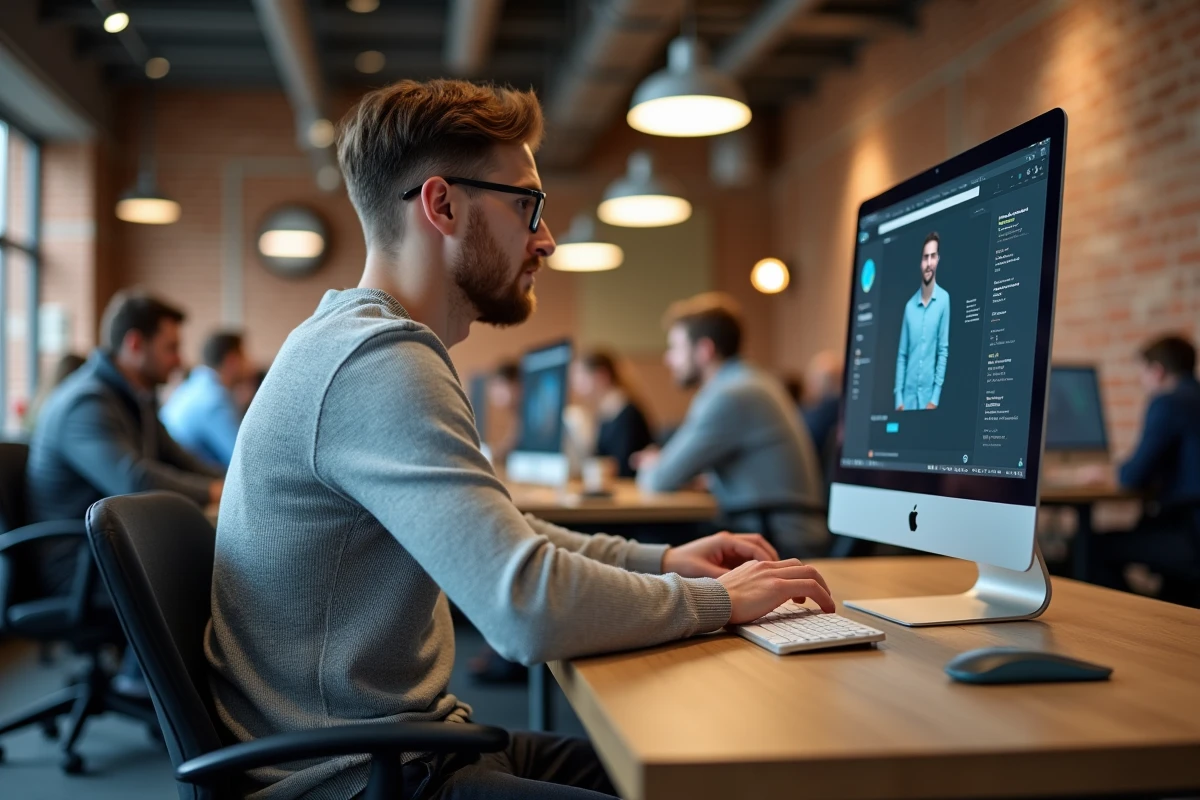 Jeune homme optimisant son profil professionnel sur Addviseo dans un espace de coworking moderne