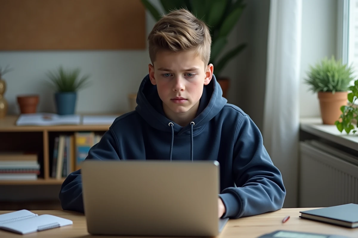 Adolescent concentré sur un test IQ à domicile