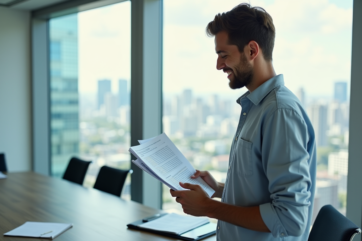 Jeune homme souriant tenant des rapports Excel dans une salle de réunion