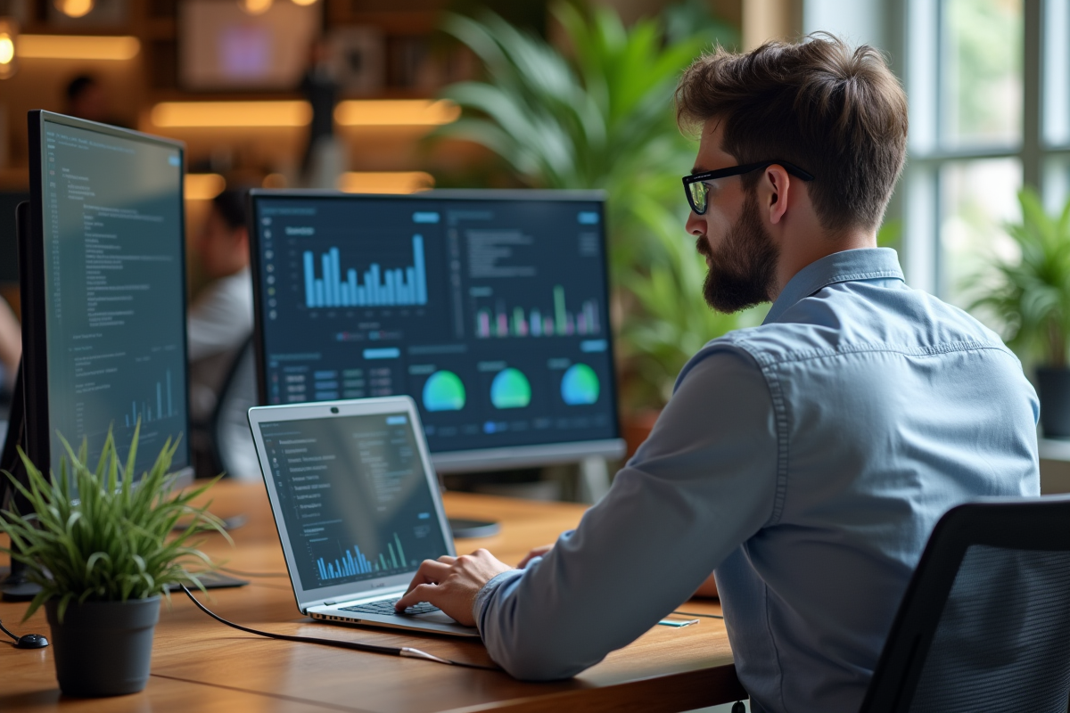 Jeune homme en chemise analysant des tableaux statistiques sur son ordinateur