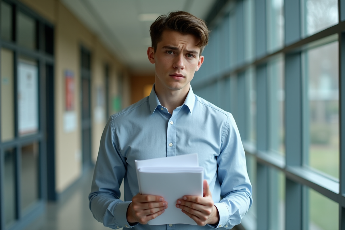 Jeune homme dans un couloir universitaire avec documents