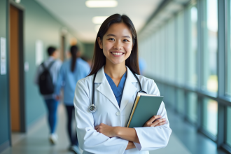 Jeune étudiante en médecine souriante dans un couloir moderne