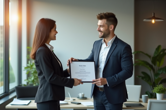 Jeune professionnel recevant un certificat avec un mentor dans un bureau lumineux